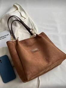 1pc Solid Color Faux Suede Tote Bag,Large Capacity Shoulder Handbag With Zipper, Fashionable For Commuting, Travel, Shopping, Dating, Gift For Women, Suitable For Teens, College Students, Beginners And Office Ladies,Applicable For Office, School, Work, Business, Commuting, Outdoor, Travel, Picnic, New Autumn And Winter Women Bag, Best Fall Purse, Newest Fashionable Suede Bag For Women, Perfectly Matching With Fall Outfits Women Fall Clothes For Women, New Fall Fashion 2025 For Women - 棕色 - 查看 2