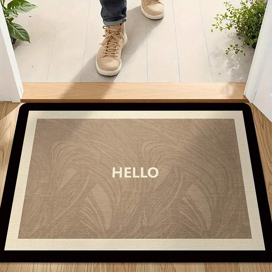 1 szt. Prosty dywanik kuchenny z nadrukiem Nordic HELLO Letter Print, beżowo-czarny, supergęsty, krótki pluszowy materiał, 1000 g/m², odpowiedni do kuchni, przedpokoju, salonu, pralni, korytarza, sypialni, przedpokoju, nowoczesnego wystroju domu, nadający się do prania w pralce, na Boże Narodzenie, Święto Dziękczynienia, prezent na parapetówkę