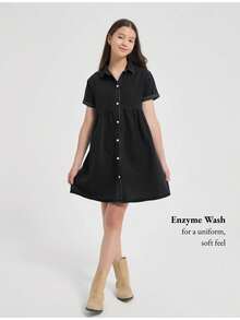 EXARUS Girls' Denim Dress: Aquatic Solid Color Long/Sleeve Midi Dress With Button-Closure Shirt-Style Design. Suitable For Spring And Autumn. Suitable For Ages 8-14. - Đen-29 - Xem 2