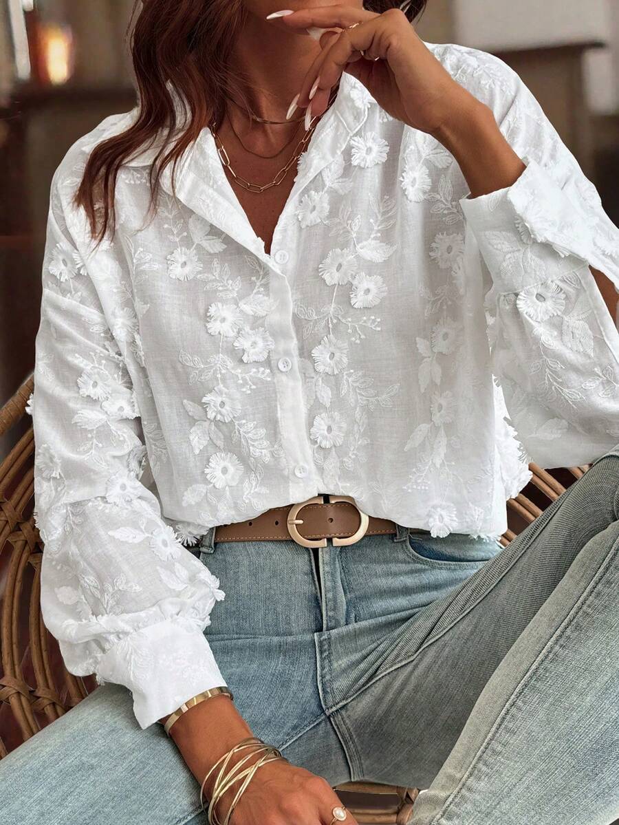 女士时尚刺绣宽松衬衫 - 白色 - 查看 1