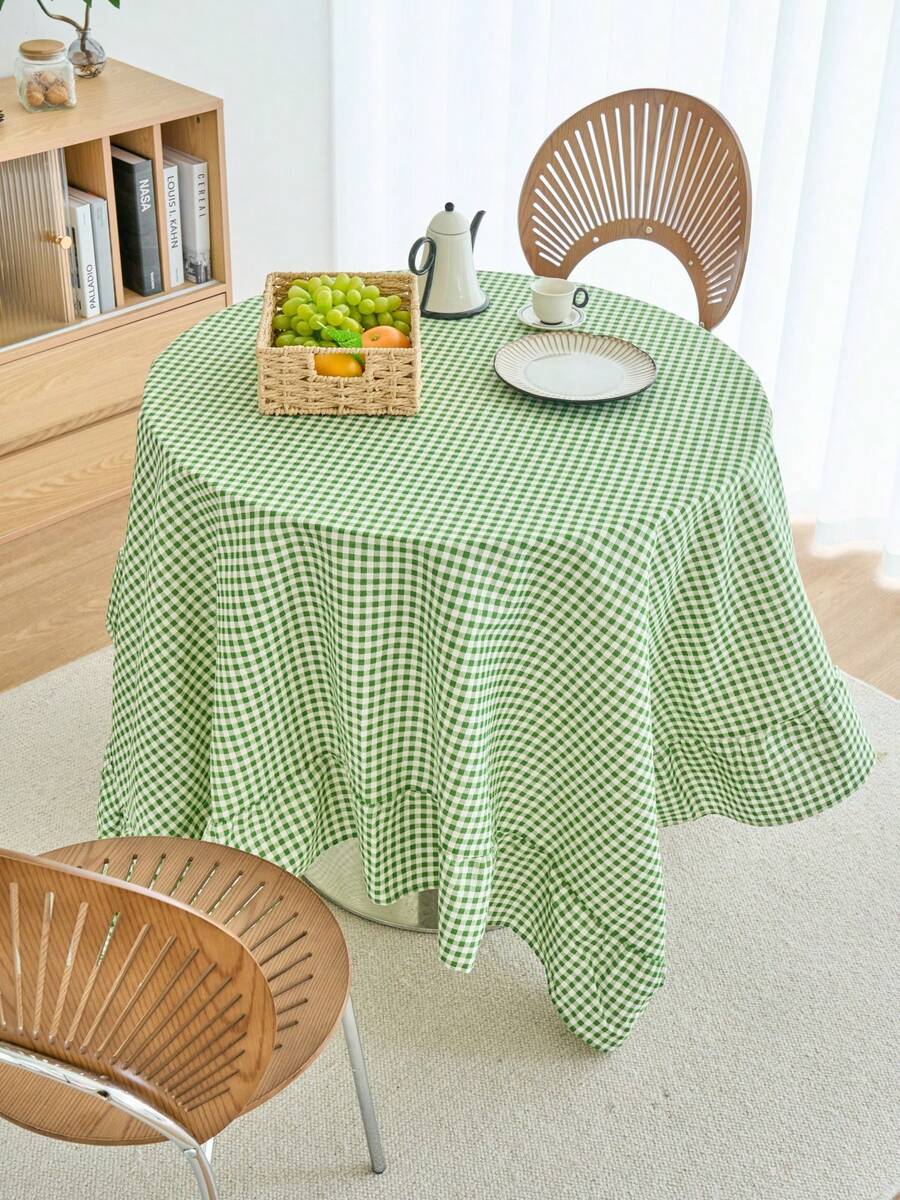 1pc Green Plaid Round Table Decor Cloth, Vintage American Style With Ruffle Edge, Kitchen/Living Room Decor, Valentine's Day Dining Table Cloth - Green - View 1