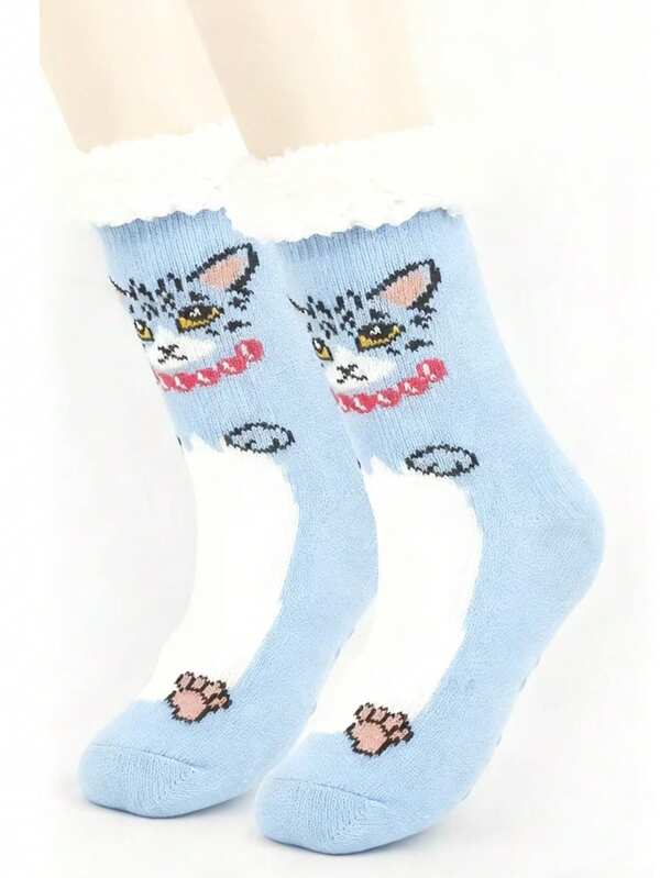 Women's Cute Cat Pattern Thick Warm Non-Slip Indoor Floor Leg Warmers For Winter