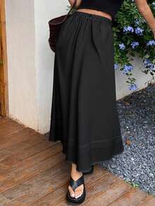 Livesso Women's Plain Elastic Waist Long Casual Skirt Fall Skirts - Black - View 5
