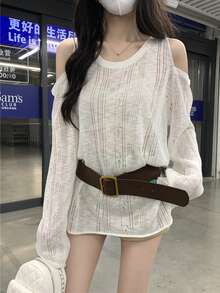 女士镂空露肩长袖宽松轻薄罩衫（不含腰带） - 白色 - 查看 4