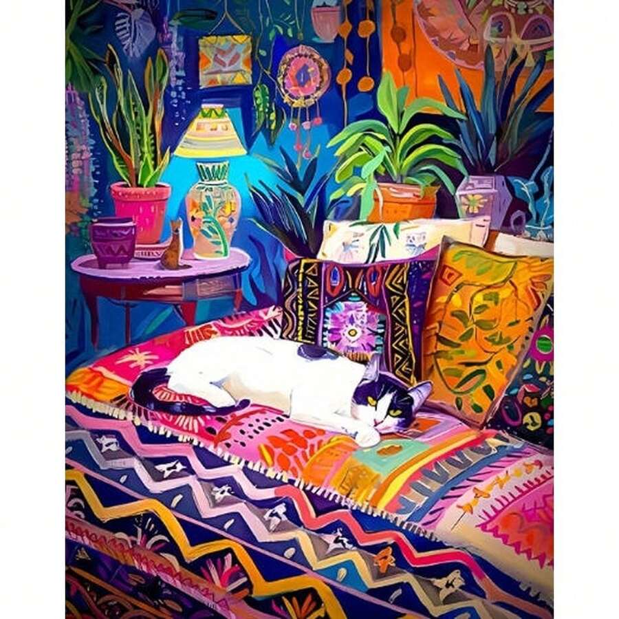 Kit para iniciantes em pintura a óleo digital DIY para adultos, com estampa de gato colorido, tintas acrílicas, decoração para casa, 40x50cm/16x20in, moldura não inclusa.