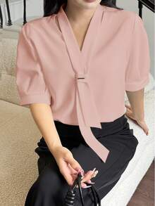 女士纯色短袖休闲办公衬衫 - 粉色 - 查看 7