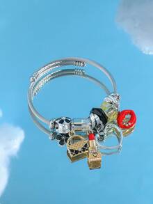1pc Adjustable Titanium Steel Wire Bracelet With Heart-Shaped Lipstick Charm, Popular European And American Style - Silver - View 8