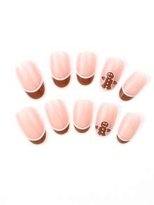 24片椭圆形浮雕美甲贴纸，棕色和秋冬色系，简约姜饼人设计（带有可爱的姜饼人元素），浮雕美甲贴纸套装，亚克力浮雕美甲贴纸，假指甲，适合女性约会、派对、日常工作、新年礼物、聚会和其他场合，增添您的魅力。 - 棕色 - 查看 3