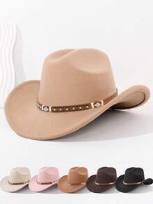 1Pc Back To School Western Cowboy Hat, Unisex, Felt Soft Woolen Hat, Belt Buckle Cowboy Hat, Suitable For Halloween, Holiday Parties, Daily Leisure, Etc