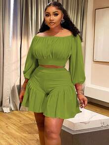 Plus Size Women's Ruffled One-Shoulder Puff Sleeve Top & Shorts 2-Piece Set - Sweetheart Neckline Waist-Defining Casual Outfit Date, Vacation & Party,Plus Size Fall Clothes Women,Plus Size Women Clothes,Seven Colors Are Available Selection.Please Check Size Chart Before Purchasing. - 綠色 - 查看 4