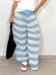 Striped Knit Pantaloons Beach Cover-Up Pants With Ties, Summer Fashion - 藍色 - 查看 6