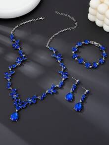 1 Set Elegant Luxury Romantic Floral Teardrop Rhinestone Jewelry Set, High-End Bridal/Wedding/Party Accessories, Intimate Gift - Royal Blue - View 3