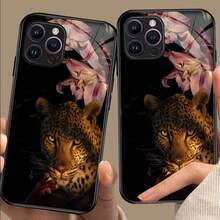 1pc Elegant Leopard & Lily Flower Pattern Glass Material Phone Case, High-End Chic, Compatible With Iphone, Tempered Glass Material - Black - View 2