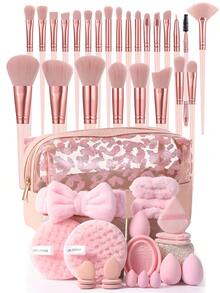47/21/22/2/1件套化妆刷和化妆海绵组合套装，包含卸妆粉扑、化妆包、眼影刷、眉刷、粉底刷、散粉刷、腮红刷、遮瑕刷和高光刷，采用超柔软优质合成毛，适合日常面部彩妆。套装包含化妆刷、化妆工具、全套化妆工具、化妆刷套装、全套化妆工具、化妆工具套装、化妆礼盒套装。 - 粉色 - 查看 16