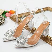 Fashionable Women's Pointed Toe Block Heel Sandals - Transparent Ankle Strap, Rhinestone Buckle, Faux Overlay Fabric And Rubber Sole, Perfect For Summer Parties And Events, High Heel Sandals - 銀色 - 查看 2