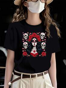 Camiseta Gótica Mexicana Catrina para Mujer - Diseño Blanco con Calavera, Rostro Femenino, Texto en Español y Rosas Rojas - Atuendo del Día de los Muertos, Disfraz del Día de los Muertos para Mujer, Ropa de Halloween para Mujer, Camiseta de Calavera para Mujer, Ropa de Calavera de Azúcar para Mujer, Disfraz de Halloween del Día de los Muertos para Mujer, Camiseta Nocturna del Día de los Muertos para Mujer, Tops de Halloween para Mujer, Camiseta de Ocho Caracteres, Blusa - Negro - Ver 1
