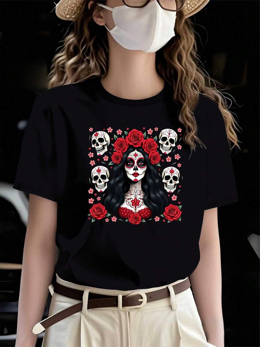 Camiseta Gótica Mexicana Catrina para Mujer - Diseño Blanco con Calavera, Rostro Femenino, Texto en Español y Rosas Rojas - Atuendo del Día de los Muertos, Disfraz del Día de los Muertos para Mujer, Ropa de Halloween para Mujer, Camiseta de Calavera para Mujer, Ropa de Calavera de Azúcar para Mujer, Disfraz de Halloween del Día de los Muertos para Mujer, Camiseta Nocturna del Día de los Muertos para Mujer, Tops de Halloween para Mujer, Camiseta de Ocho Caracteres, Blusa - Negro - Ver 1