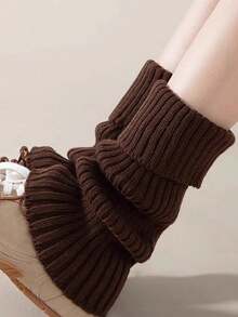 1 Pair Women Knitted Leg Warmers, White Calf Socks, Suitable For Autumn/Winter - Coffee Brown - View 5