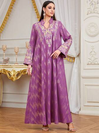 优雅女士中东阿拉伯风格刺绣长袖印花连衣裙