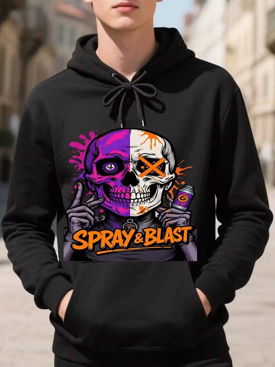 Men's Black Oversized Hooded Sweater - Gothic Graffiti Skull & Spray Graphic Pullover, 50% Polyester 50% Blend, Hoodie With Pockets For Streetwear, Concerts, - Bold Spray Blast Art Design With Neon Pink & Purple Accents - Edgy Gothic Style For Halloween & 3D Printing Sports - Long Sleeve Casual Wear With Drawstring Hood & Relaxed Fit (Hand Washable) - Men's Fashion,Fall Hoodies,Men's Fall Clothes,Street Wear,Halloween,Mens Hoodies,Y2k Clothes,Jesus Hoodie,Thanksgiving Day,Nightmare Before Christmas,Christmas - Black - View 1