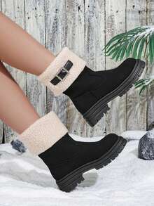 Women's Black Snow Boots, Faux Thermal Lined, Anti-Slip Thick Sole Retro Warm Lined Warm Boots, Round Toe Buckle Soft Bottom Furry Winter Shoes For Winter - Black - View 3