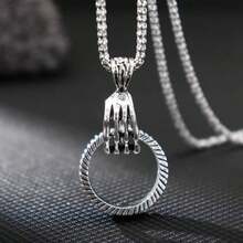 Collar de Colgante de Anillo con Mano y Calavera - Estilo Retro y Moderno, Joyería con Diseño de Círculo Único - Plateado - Ver 4