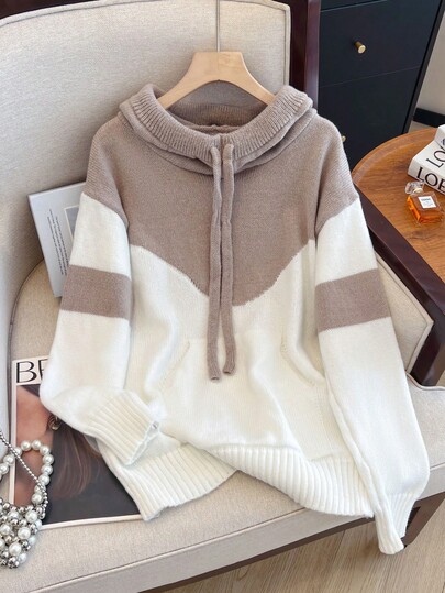 1pc Color Block Long Sleeve Drawstring Hoodie Knitted Sweater, Casual Streetwear Pullover Sweater, Versatile Daily Wear Hoodies For Women