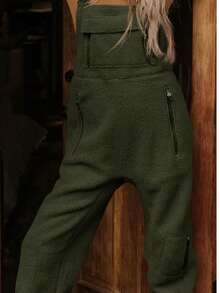 Women Fleece Lined Outdoor Overalls Winter Warm Jumpsuit Loose Fit Hiking Workwear With Pockets - 軍綠色 - 查看 2