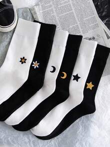 1 Pair Moon & Star Embroidered Socks, Women's Autumn/Winter College Style Sports Socks, Mid-Calf, Warm & Breathable