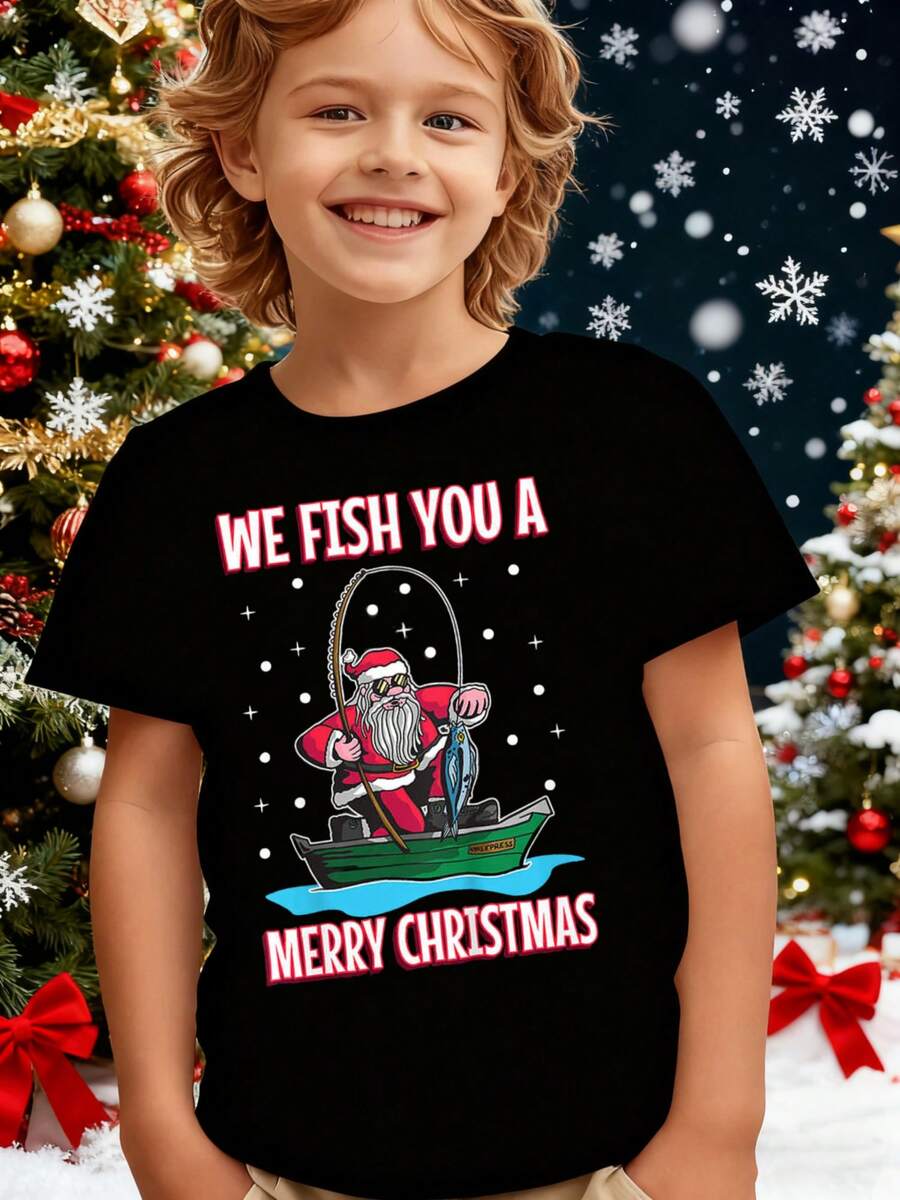 Camisa de manga corta de algodón puro para niños en Halloween Te deseamos una Navidad pescadora, Papá Noel pescando en bote con caña y línea, fondo de copos de nieve 100% Algodón Camiseta para Niña y - Negro - Ver 1