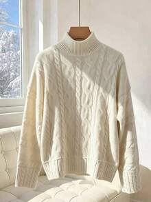 Autumn/Winter Fashion Women's Multi-Twist Braided Patchwork Design High Round Neck Bell Sleeve Pullover Sweater - Apricot - View 10