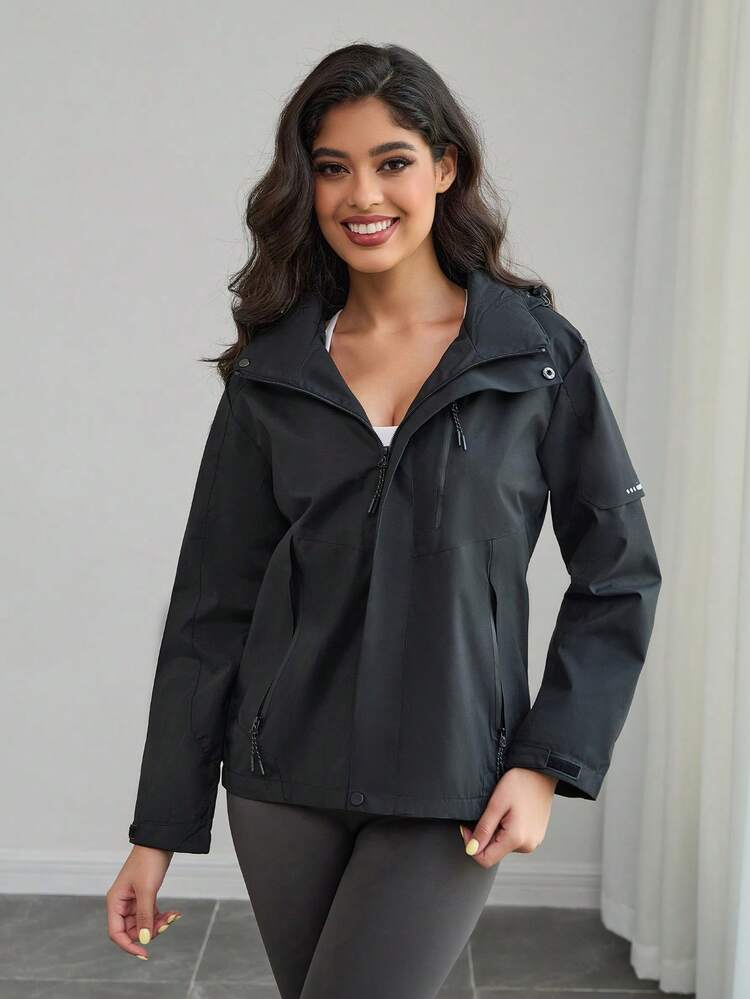 1 buah Jaket Windbreaker Ringan Warna Polos untuk Wanita, Cocok untuk Musim Semi/Gugur, Olahraga Luar Ruangan, Lari, Mendaki, Tahan Air, Lengan Panjang - Hitam - View 3