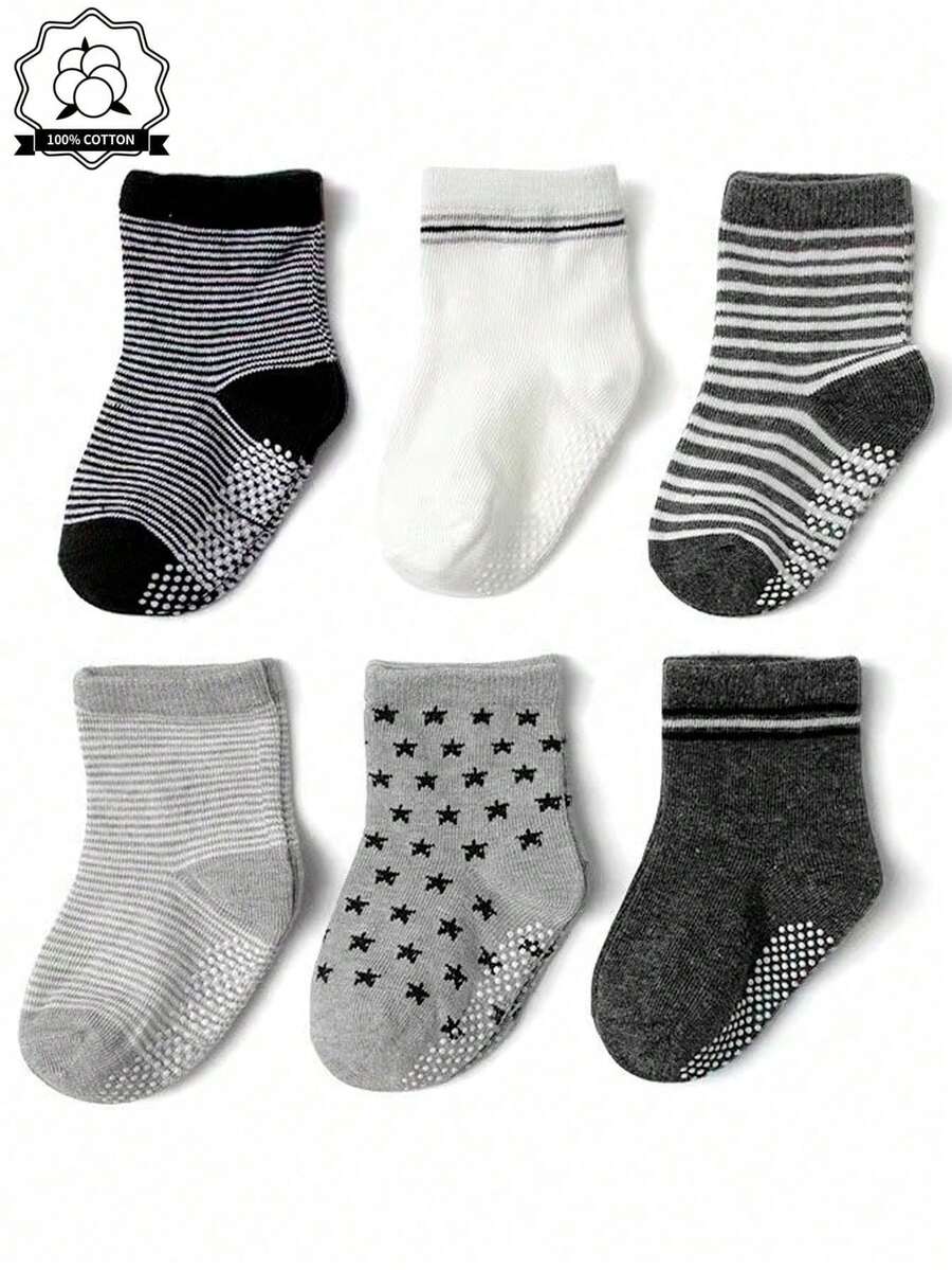 6 Pairs Cotton Baby/Toddler Anti-Slip Grip Socks With Star & Stripe Patterns, Breathable