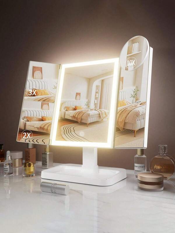 Oglindă de machiaj LED pliabilă în trei, oglindă de machiaj de birou cu mărire 3x/2x/1x, oglindă de machiaj portabilă HD cu reglare a luminozității, oglindă de machiaj pliabilă cu suport și iluminare în 3 culori, design pliabil în trei, baterie reîncărcabilă de 2400mAh, încărcare USB, oglindă de călătorie iluminată cu ecran tactil cu reglare a luminozității pentru cosmetice, cel mai bun cadou pentru femei, cadou de Ziua Îndrăgostiților, cadou de Crăciun