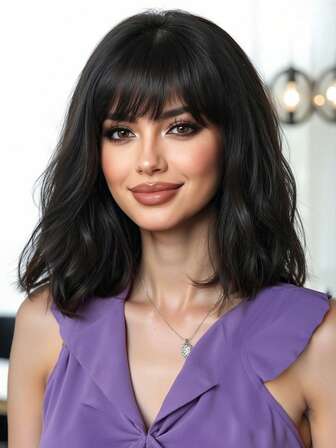 Peluca con flequillo corto ondulado de 14 pulgadas, peinado corto lindo, natural y realista, peluca sintética resistente al calor, adecuada para uso diario y fiestas