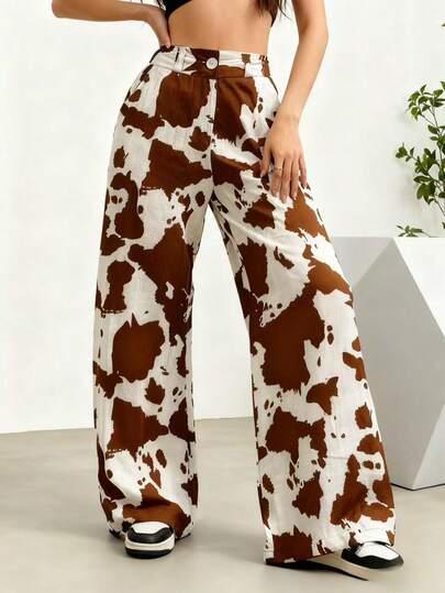 Calça feminina de viscose marrom com estampa de vaca, perna larga e bolsos, tecido não elástico para uso casual e de lazer