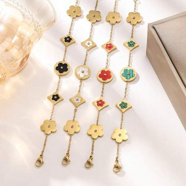 Vintage Flower & Geometric Bracelet For Women, 18K Gold Plated Stainless Steel Black Enamel Bracelet, Unique Design Luxury Jewelry Gift For Her