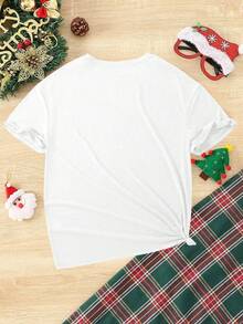 Camiseta navideña de mujer con cuello redondo y manga corta, diseño holgado y casual con estampado de Papá Noel, renos y gorros navideños. Ideal para las fiestas, vacaciones o viajes durante la Navidad. Su tela suave y ligera brinda comodidad y un estilo festivo encantador. - Blanco - Ver 2