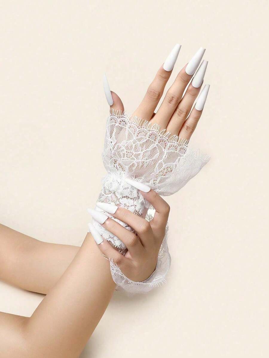 1pc White Lace Detachable Cuff Gloves, Suitable For Dress Matching - White - View 1