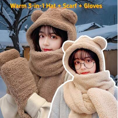 1 套秋冬针织无檐帽，配有围巾和手套，温暖且不起毛，适合作为万圣节/圣诞节礼物，防风滑雪面罩拉法帽，适合男女户外骑行、通勤等。