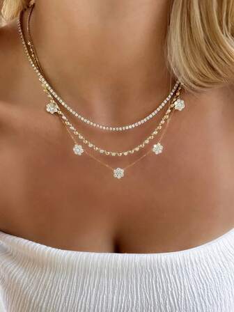 Shescity 1 Pieces Fashionable And Exquisite Flower Inlaid Zirconia Versatile Multi-Layer Necklace Suitable For Traveling,Festivals,Parties,Best Friends Gifts Or Women's Daily Banquet Wear