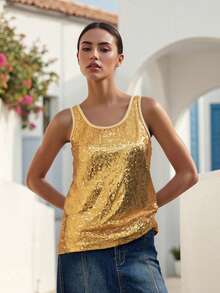 Women's Sleeveless Sparkle Shimmer Camisole Vest Glitter Sequin Metallic Tank Tops Summer Rave Club Party Vest - Vàng - Xem 2