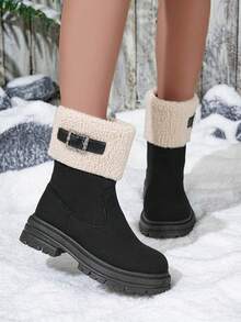 Women's Black Snow Boots, Faux Thermal Lined, Anti-Slip Thick Sole Retro Warm Lined Warm Boots, Round Toe Buckle Soft Bottom Furry Winter Shoes For Winter - Black - View 8