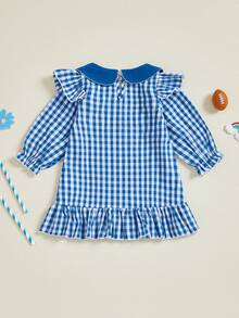 Vestido de otoño para niña pequeña con bordado de rugby, cuadros, ribete de volantes, cuello de muñeca, manga larga, corte A - Azul - Ver 4
