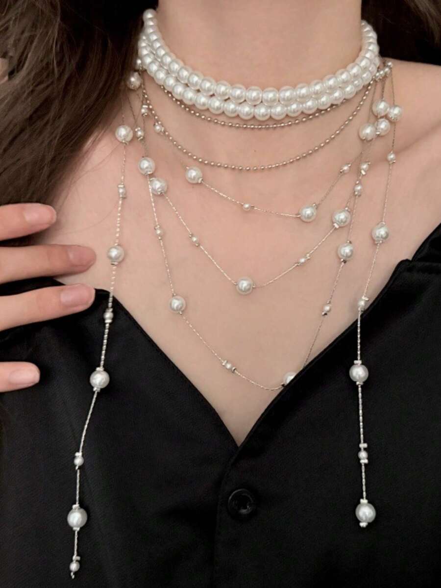 1 件优雅多层珍珠流苏长项链，时尚珠宝礼物，适合女士，适合宴会