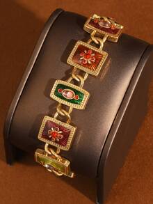 Conjunto de joyería vintage con acabado envejecido de collar y pulsera de cobre chapado en oro de 18K con diseño geométrico cuadrado de esmalte en relieve, accesorios para bodas