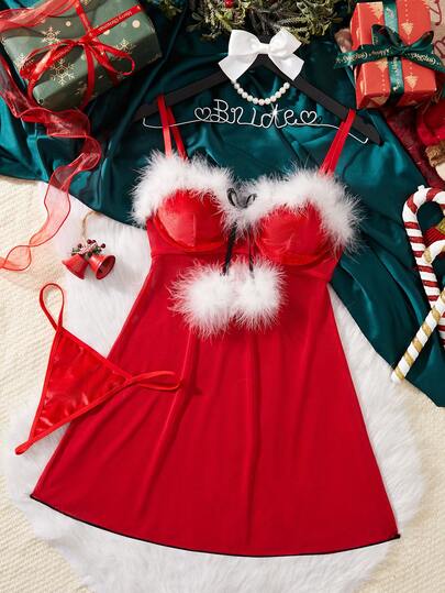 2pcs Valentine's Day/Christmas Gift Set: Women's Patchwork Mesh Fuzzy Pom Pom Contrast Color Backless Camisole Sexy Nightgown With Underwire And G-String, Suitable For Christmas, Music Festivals, Parties