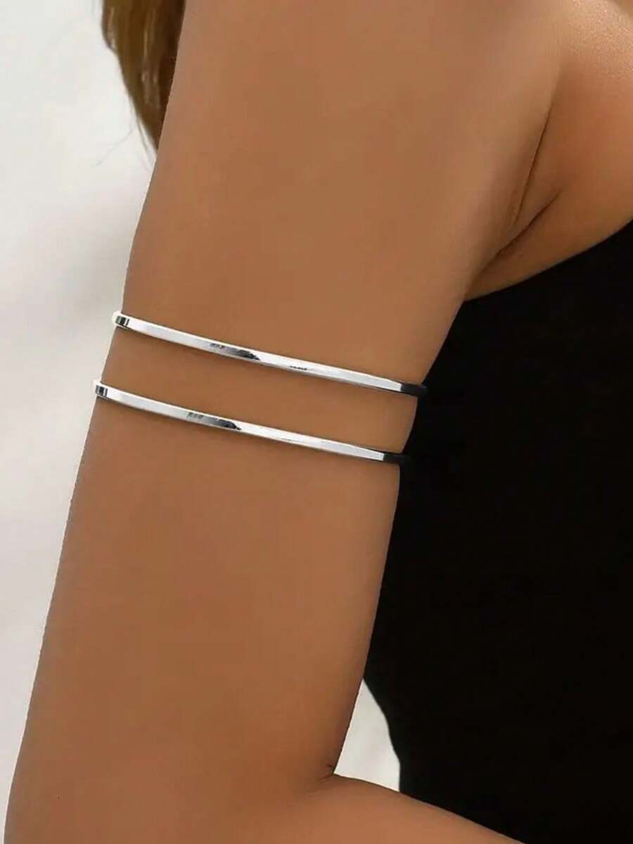 Women's Double Arm Bracelet, Minimalist And Modern Design, 925 Silver And 18K Gold Plated, Elegant Style Adjustable For Party And Daily Use - 銀色 - 查看 1