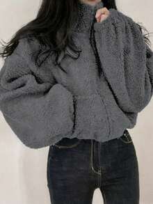 女士优雅拉链羊毛短外套，时尚纯色泰迪熊外套，春秋新款，休闲宽松长袖大衣，女士街头风外套，派对装扮，情人节情侣装，春季服饰