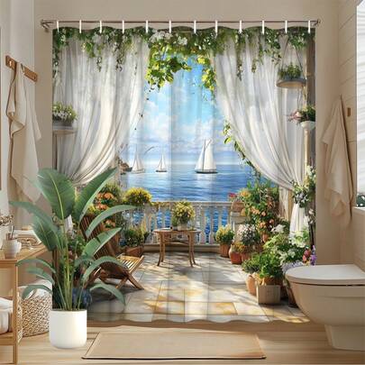 1PCS Coastal Scenery Shower Curtain Ocean View With Sailboats And Greenery Beautiful Outdoor Landscape Bathroom Decor Polyester Fabric Bath Curtain 70.8x70.8 Inch With 12 Hooks